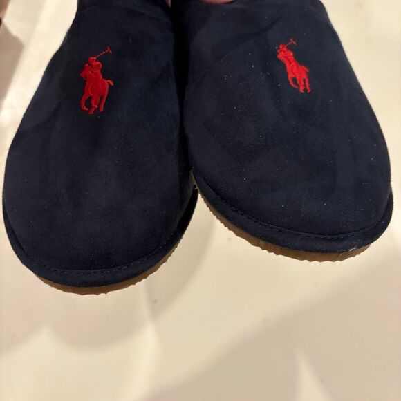 NWOT Ralph Lauren Klarence Microsuede Scuff Slipper Navy Big Pony Size 12 Plaid - Picture 4 of 8